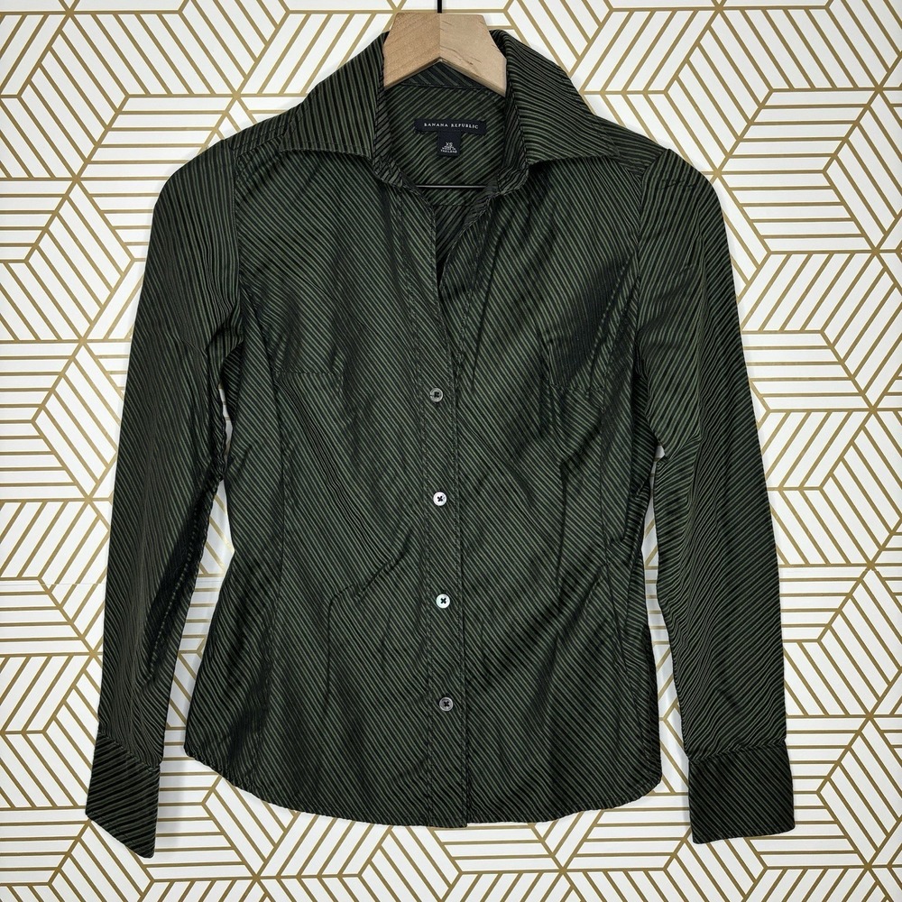 Y2K Goblincore Moody Button Down Top XS Stripe Preppy Dark Green Long Sleeve
